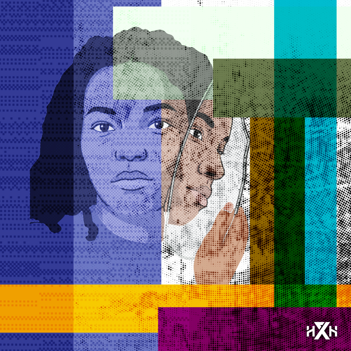 face with a mirror held to it and framed amidst graphic layout of colored rectangles and textures